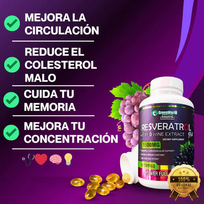 🌿 "¡ADIÓS ARRUGAS Y FATIGA! Vive con Energía y Belleza con Resveratrol 1600mg 100x capsulas