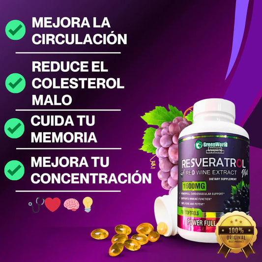 🌿 "¡ADIÓS ARRUGAS Y FATIGA! Vive con Energía y Belleza con Resveratrol 1600mg 100x capsulas