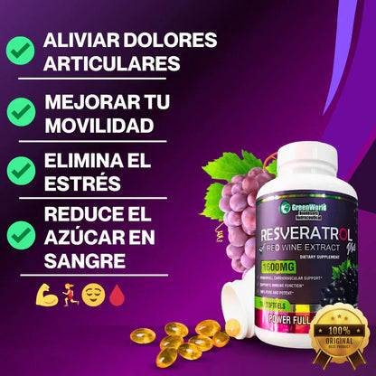 🌿 "¡ADIÓS ARRUGAS Y FATIGA! Vive con Energía y Belleza con Resveratrol 1600mg 100x capsulas